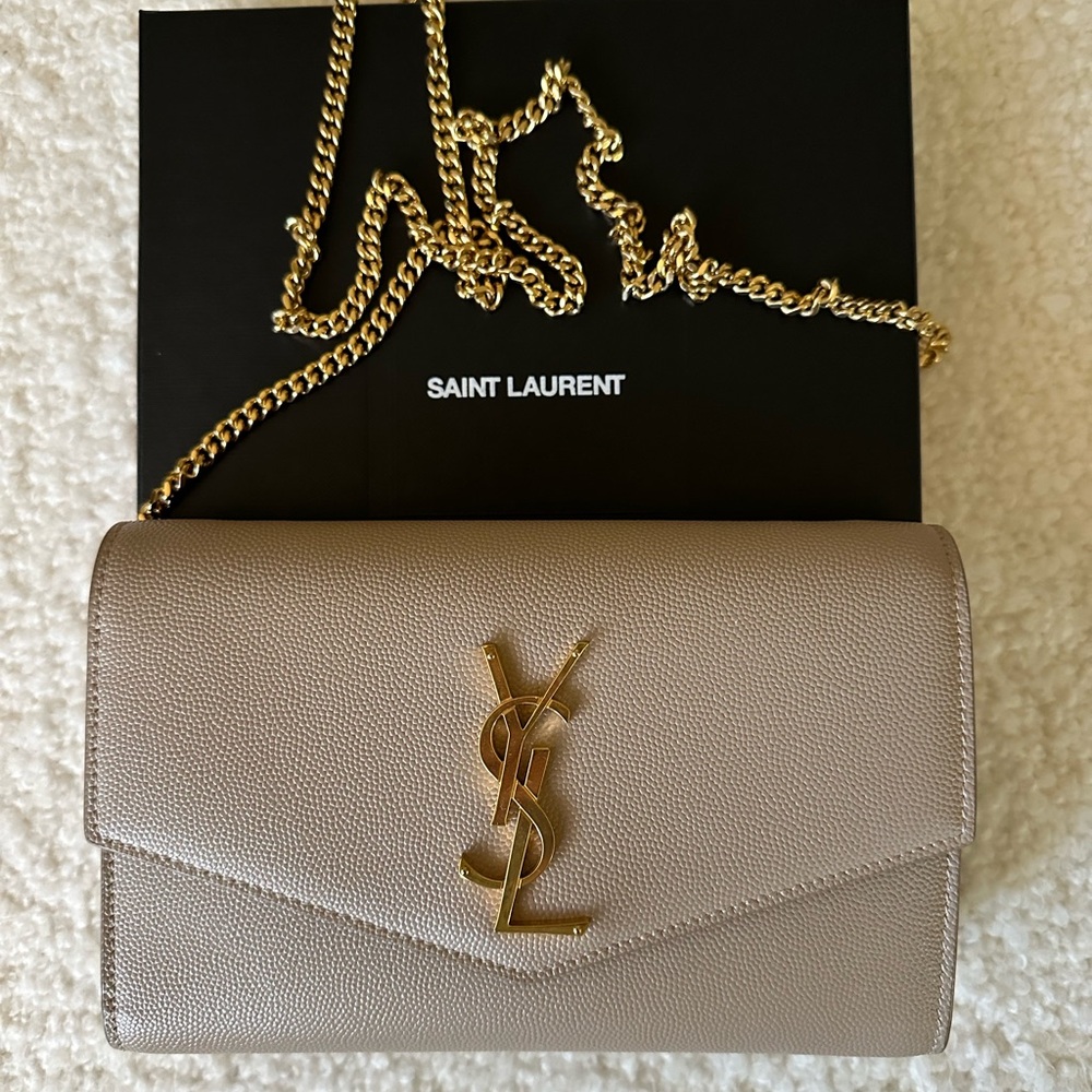 YSL Uptown Chain Wallet, Dark Beige